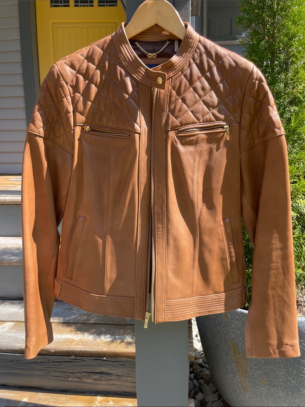 Cole Haan Quilted Cognac Lamb Skin Moto Jacket